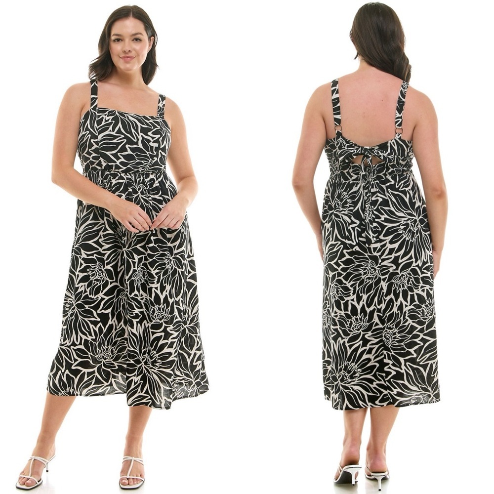 As You Wish 1X Square Neck Linen Blend Midi Dress